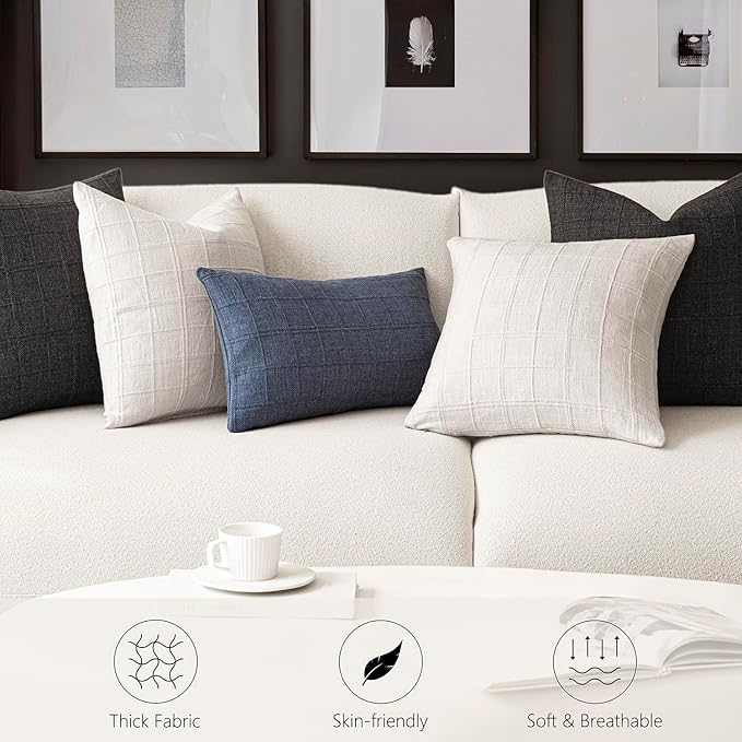 Foindtower Set of 2 Decorative Linen Check Throw Pillow Covers Neutral Farmhouse Vintage Cushion Covers Modern Boho Home Decor for Sofa Chair Couch Bedroom Living Room,22×22 Inch,Cream White
