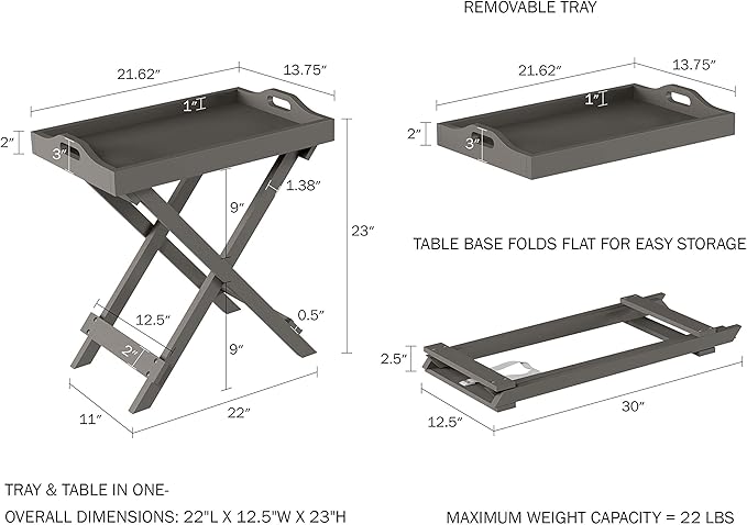 Folding TV Tray Table - Contemporary Side Table with Removable Tray Top for Food Serving, Decor, or Meals - Portable End Furniture for Living Room, Bedroom, or Home Office by Lavish Home (Gray)