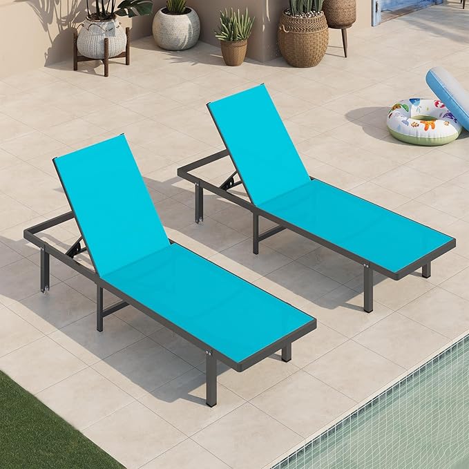 Pool Lounge Chairs Set of 2,Outdoor Lounge Chairs with Wheels and 5-Position Recliner -Easy to Move- Aluminum Patio Lounge Chair for Poolside, Deck (Lakeblue)
