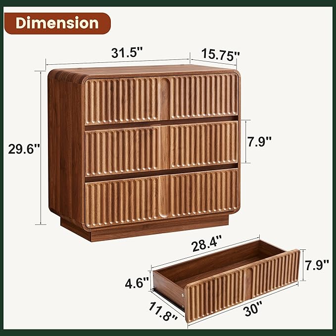 Fluted 3 Drawer Dressers for Bedroom, 31.5" Wide Large Mid Century Modern Nightstand 2 Sets W/3 Storage Drawers , Wood Dresser & Chest of Drawers with Curved Profile for Living Room (Walnut)