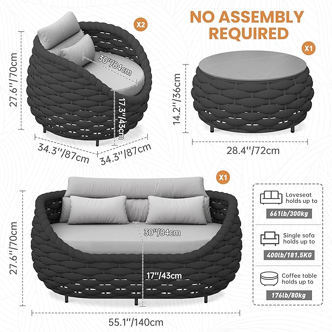 4 Pieces Assembled Patio Conversation Sets, Aluminum Outdoor Furniture Sofa Set - Modern Cushioned Set Hand Woven Rope Couch Armchair Set for 4 - All Weather for Indoor Deck Porch Backyard Hotel