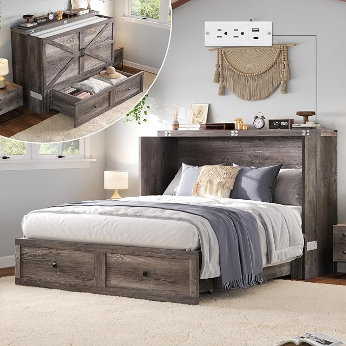 Murphy Bed Queen Size Cabinet Bed with Charging Station, Large Storage Drawer for Home Office or Small Room, Hideaway Bed Full Foldable Platform Bed, Rustic Grey