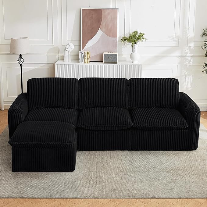 110'' Boneless Modular Sectional Couches for Living Room, Comfy Cloud Couch Sectional Sofas with Ottoman, Convertible L Shaped Couches for Apartment, Dorm, No Assembly Required, Black Corduroy
