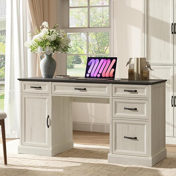 CARPETNAL 58'' Farmhouse Executive Desk with Drawers, Home Office Desk with File Drawer and Storage Cabinet, Rustic Computer Desk for Working, Studying, Writing, White