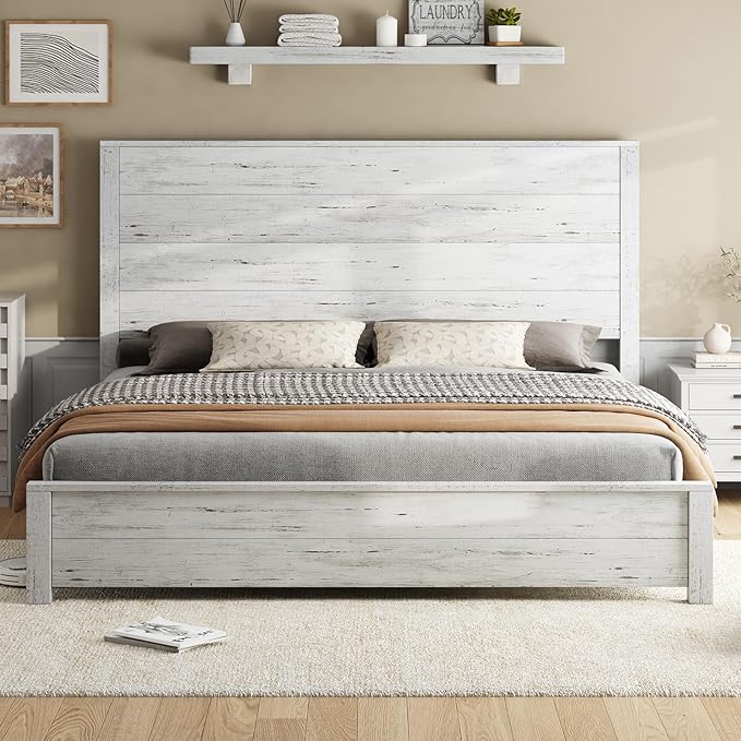 AMERLIFE Queen Size Wood Bed Frame, Rustic 51.2" Platform Bed with Spliced Headboard, Wood Slats Support/Noiseless/No Box Spring Needed, Antique White