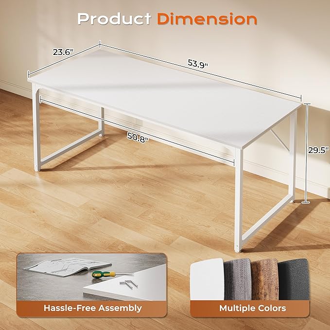 PRAISUN 54 X 24 Inch Computer Desk with Deeper Desktop, Gaming Office Writing Work Desk for Home Office, Study, Bedroom, Work from Home, Metal Frame, White