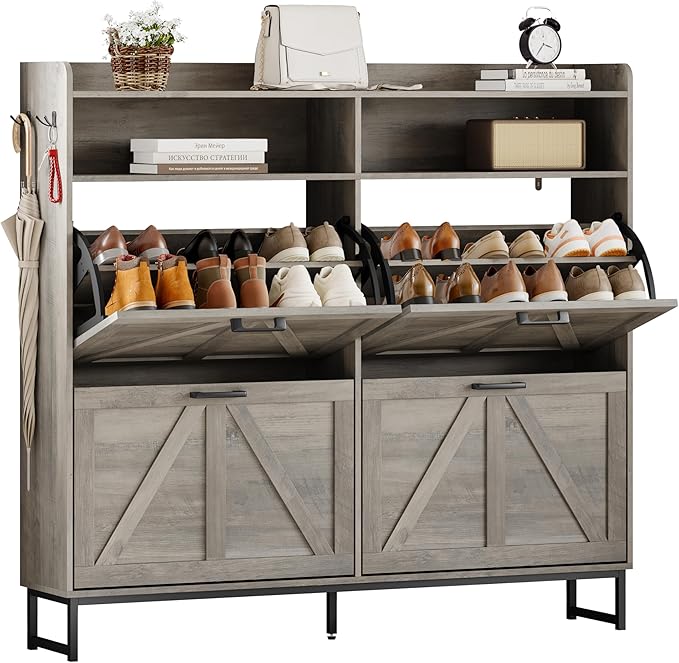 Shoe Cabinet Storage for Entryway, Shoe Storage Cabinet with 4 Flip Drawers, Freestanding Narrow Shoe Rack Organizer with Metal Legs, Adjustable Shelves & Open Storage for Foyer, Hallway, Grey