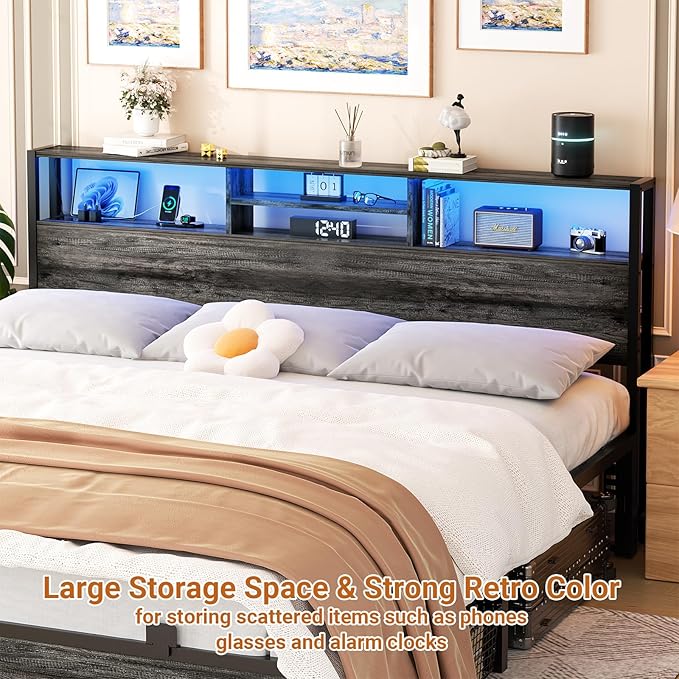 Aheaplus Headboard for King Size Bed with Storage, Headboards with Outlets, USB Ports and LED Light, King Size Head Board Only, Height Adjustable, Reversible, Sturdy and Stable Headboard, Black Oak