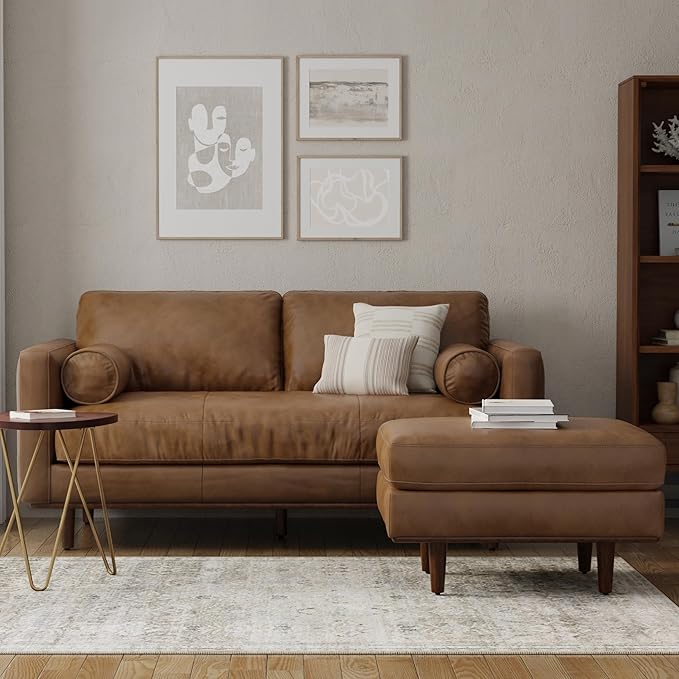 SIMPLIHOME Morrison Mid-Century Modern 72 inch Wide Sofa with Ottoman Set in Caramel Brown Genuine Leather for the Living Room and Family Room