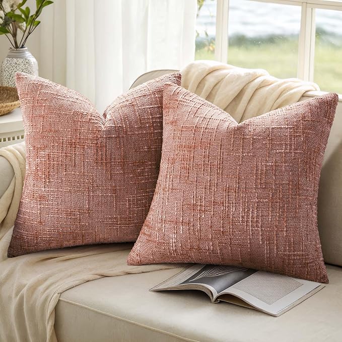 decorUhome Pink Chenille Throw Pillow Covers 20x20 Set of 2 Thick Textured Slubby Couch Pillow Covers Farmhouse Accent Modern Neutral Decorative Pillow Cases for Bed Sofa Living Room