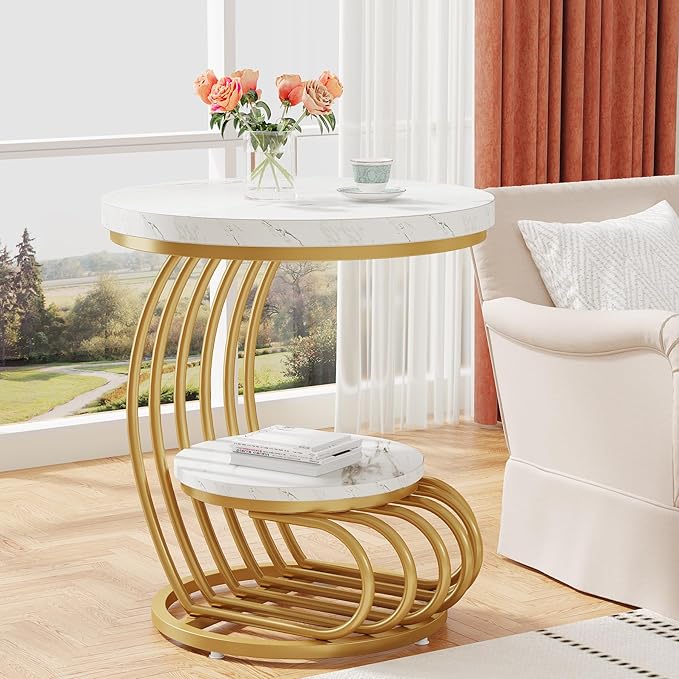Tribesigns Gold Round End Table: 2 Tiers Side Table Set of 2 with Storage Shelf, Modern White Gold Bedside Nightstand, Metal Faux Marble Accent Table for Living Room