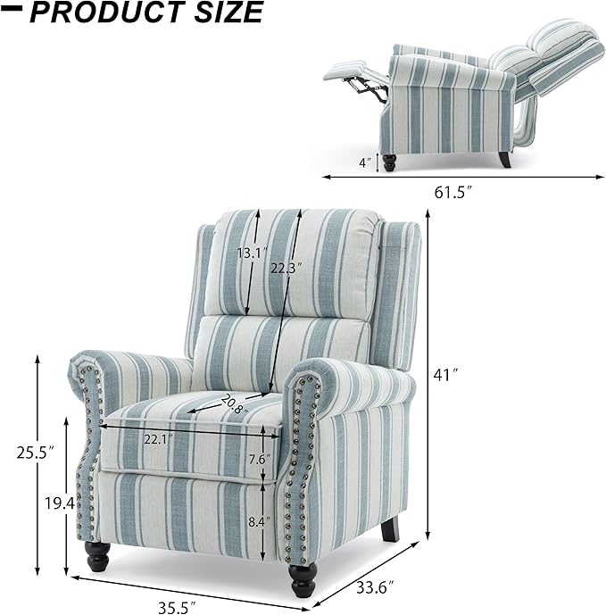 Recliner Chair, Modern Pushback Armchair with Adjustable Backrest & Footrest for Bedroom, Living Room, Blue Stripe,Set of 2