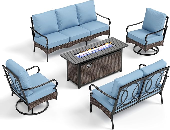 PHI VILLA Patio Furniture Set with 56" Fire Pit Table, Premium Outdoor Wicker Metal Frame Furniture with Upgraded Waterproof Thick Cushions for Porch, Poolside, Deck, and Yard (5 Pieces, Blue