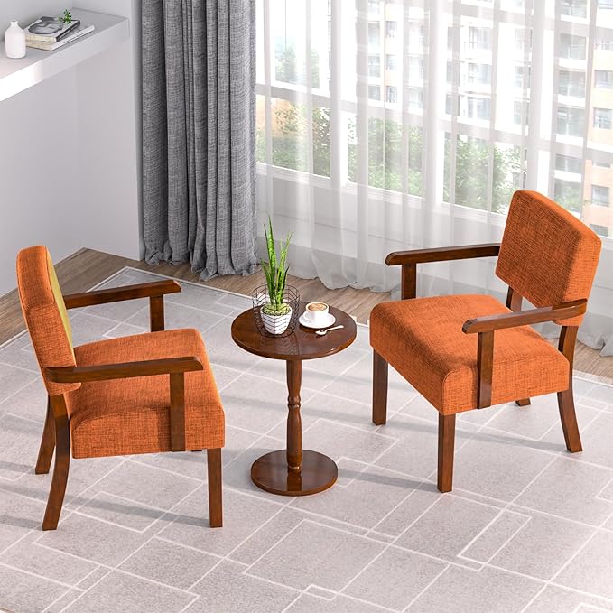 Accent Chair Set of 2 with Table, Upholstered Living Room Chairs with Wood Frame, Modern Oversized Reading Armchair for Bedroom Waiting Room (Orange)
