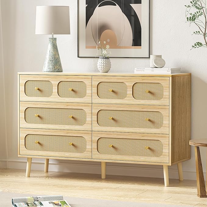 Rattan Dresser for Bedroom, Boho 6 Drawer Double Dresser with Gold Handles, Natural Wood Storage Dressers & Chest of Drawers, 6 Drawer Dressers