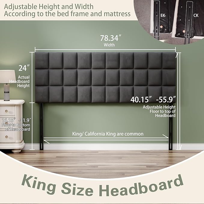 Andeworld Velvet Upholstered Tufted King Size Headboard,Wood Head Board with Metal Legs, Adjustable Height from 42” to 56”, Bed Headboard in Modern Design,Backboard for Bed, Dark Gray