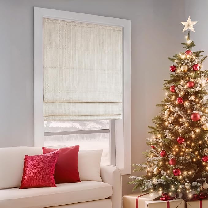 Madison Park Galen Cordless Roman Shade, 34"W x 64"H, Sheen Ivory – Room Darkening, Thermal Insulated, Energy Efficient Window Blind with Subtle Sheen Basketweave Fabric for Privacy