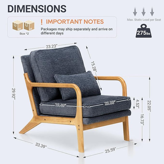 COLAMY Mid Century Modern Accent Chair Set of 2 with Lumbar Pillow, Relaxing Armchair with Solid Wood Frame & Soft Cushion, Reading Leisure Chair for Living Room(Blue)