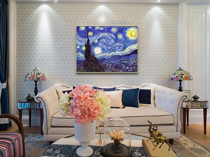 Wieco Art Large Framed Art Giclee Canvas Prints of Starry Night by Vincent Van Gogh Paintings Reproduction Post-Impressionism Artwork for Living Room Home Bedroom Decorations, 40x30inch (Framed)