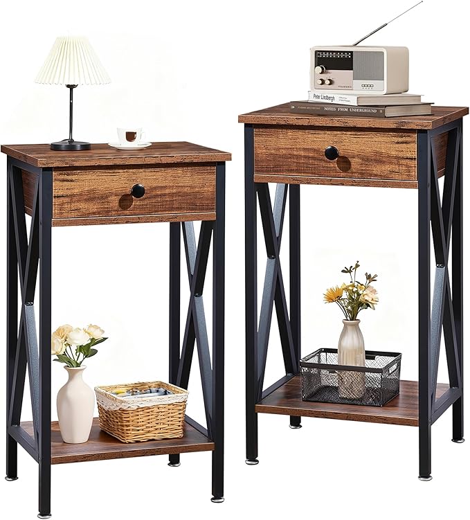 VECELO Modern Versatile Nightstands X-Design Side End Table with Storage Basket Night Stand Storage Shelf for Living Room Bedroom