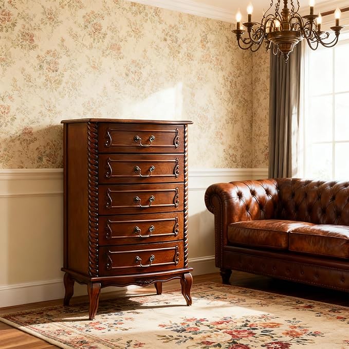 Fully Assembled Solid Wood 5 Drawer Dresser for Bedroom Tall Chest of Drawers Wood Storage Dresser with Metal Handle for Living Room Hallway Entryway, 15.74" D x 24" W x 37.4" H, Walnut