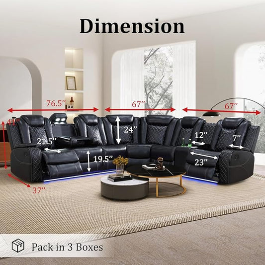 Power Recliner Sectional Couch with LED, Leather Reclining Sofa for Living Room, Muti-Functional Recliner Corner Sectional with Storage Console/Cup Holders/USB Ports (Black, SECTIONAL & CHAIR)