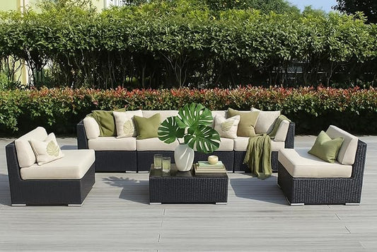 Outdoor Patio Furniture with 6-inch Thick Rainshield Cushions, No-Assembly 7-Piece All-Weather Wicker Sectional Set (Sunbrella Taupe)