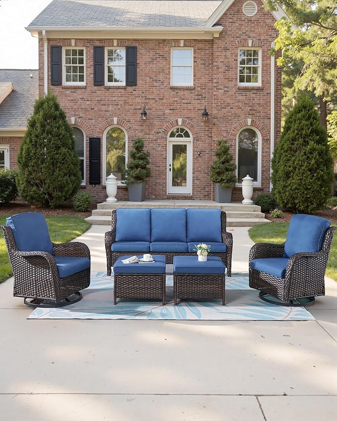 Pop 22x25/22x24 Outdoor Cushions for Patio Couch Chairs Set of 3 - High Back Comfy Outside Seat Cushions for Wicker Dining Rocker Glider Loveseat 3-Seater Sectional Sofa - Navy Blue/Classic