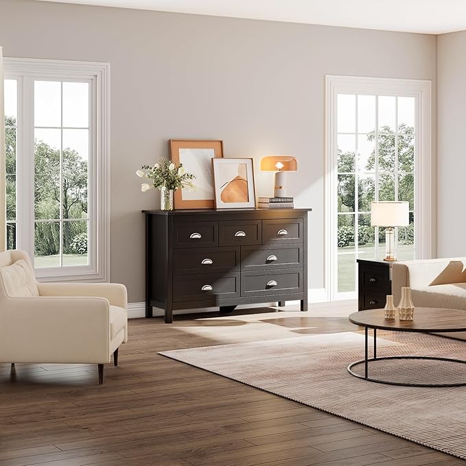 Black Dresser for Bedroom, Farmhouse 7 Drawer Double Dresser with Vintage Antique Handles, Modern Dressers and Chest of Drawers for Bedroom