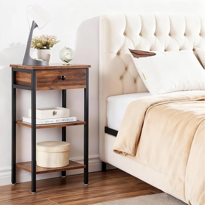 VECELO Tall End Table,Nightstand with Drawer and Adjustable Storage Shelf,27.6 inch Side Table for Living Room/Bedroom/Entryway Small Spaces