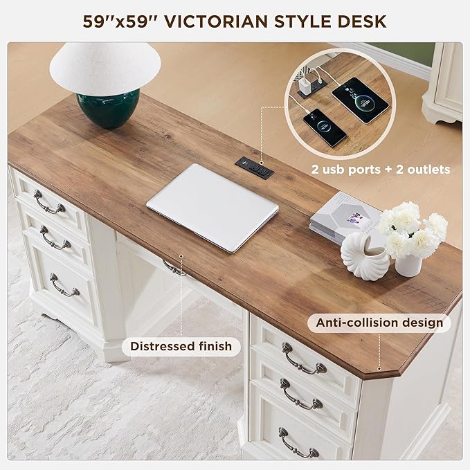T4TREAM 59" Farmhouse Executive Desk with Drawers,Wood Home Office Computer Desk, Featuring Keyboard Tray,Charging Station,File Drawer, Storage Cabinet,for Work and Study (Antique White)