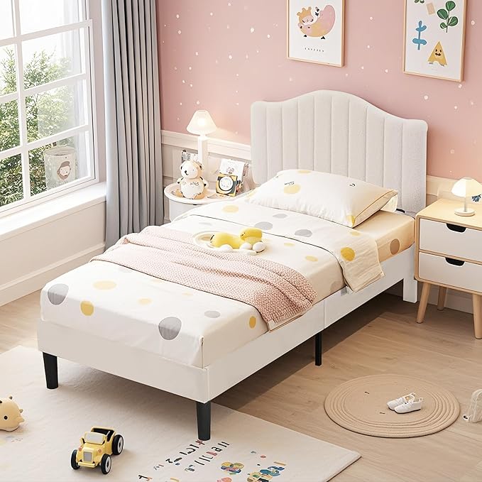 VECELO Twin Bed Frame Upholstered Platform Bed Frame with Height Adjustable Teddy Fabric Headboard, Strong Wood Slats Supports 7.9'' Under Bed Space Noise Free No Box Spring Needed, Cream