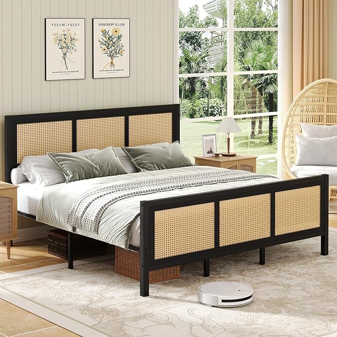 Rattan Bed Frame King, Boho King Bed Frame and Headboard, Metal Platform King Size Bed Frames with Strong Slats Support, No Box Spring Needed, Noise Free, Easy Assembly, Black