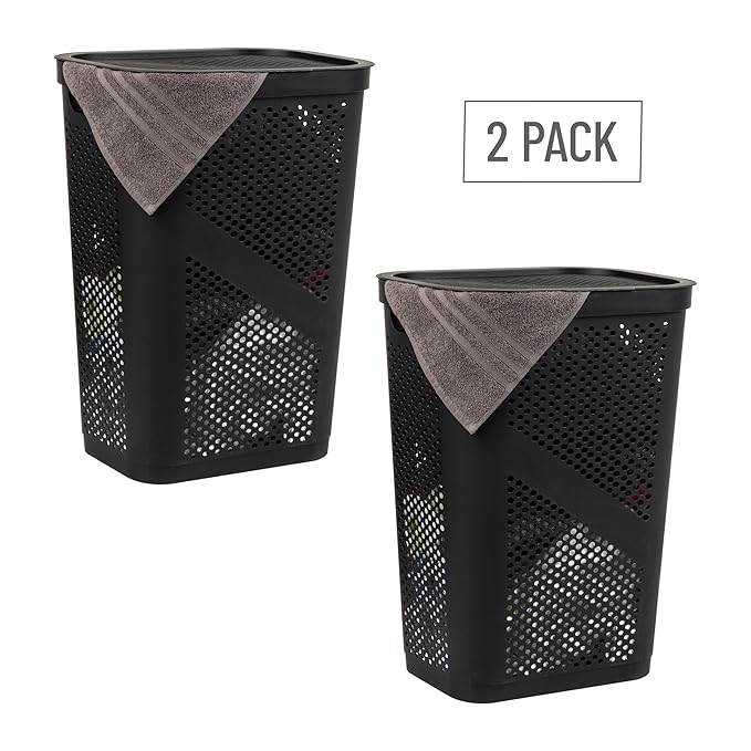 Mind Reader 60L Slim Laundry Hamper, Clothes Basket, Lid, Ventilated, Plastic, Set of 2, Black