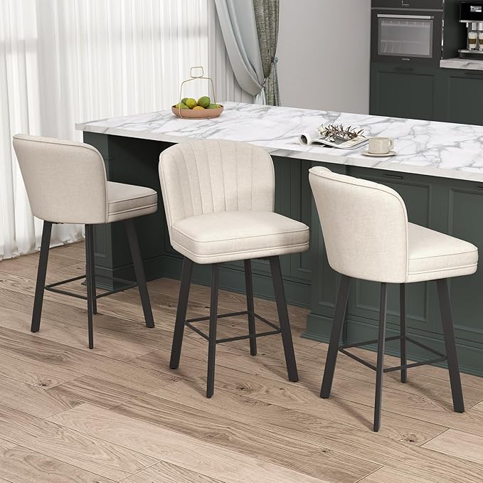 Swivel Counter Height Bar Stools Set of 3, 26'' Modern Barstools with Backs and Metal Legs, Upholstered Bar Chairs, Beige, Fabric Stools for Kitchen Island Chairs