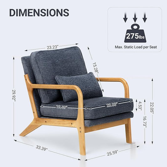 COLAMY Mid Century Modern Accent Chair with Lumbar Pillow, Relaxing Armchair with Solid Wood Frame & Soft Cushion, Reading Leisure Chair for Living Room,Bedroom,Waiting Room(Blue)