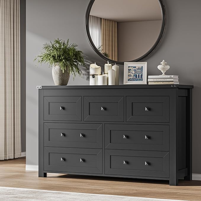 7-Drawer Dresser, Modern Wooden Storage Chest of Drawers, Dresser TV Stand, Wood Drawer Organizer with Metal Handles for Bedroom, Living Room, Hallway