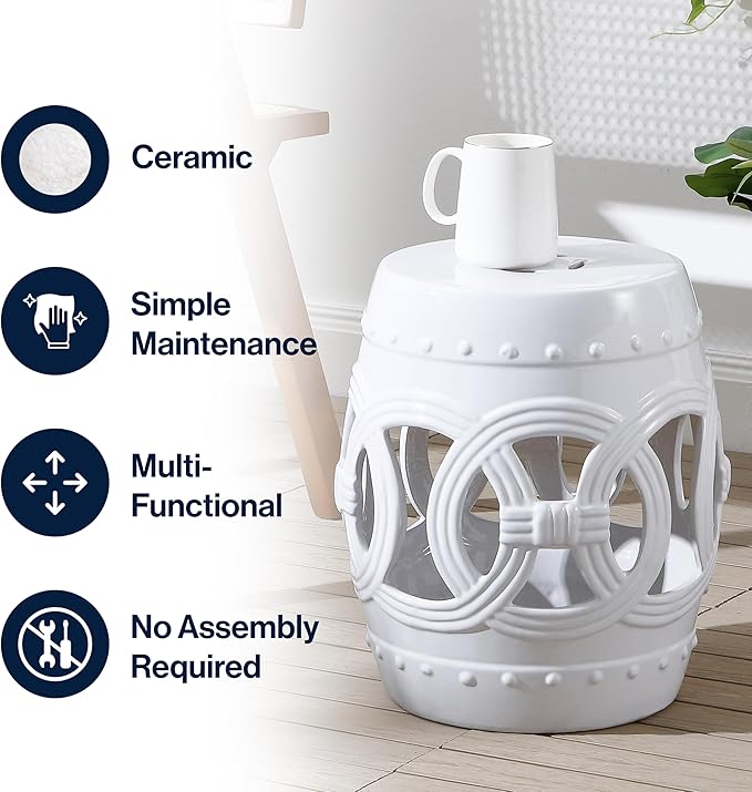 JONATHAN Y TBL1022A Lucky Coins 16" Chinese Ceramic Drum Indoor/Outdoor Garden Stool, Bohemian, Coastal, Cottage, French Country, Traditional, Spill-Proof, Living Room, Garden Room, Patio, White