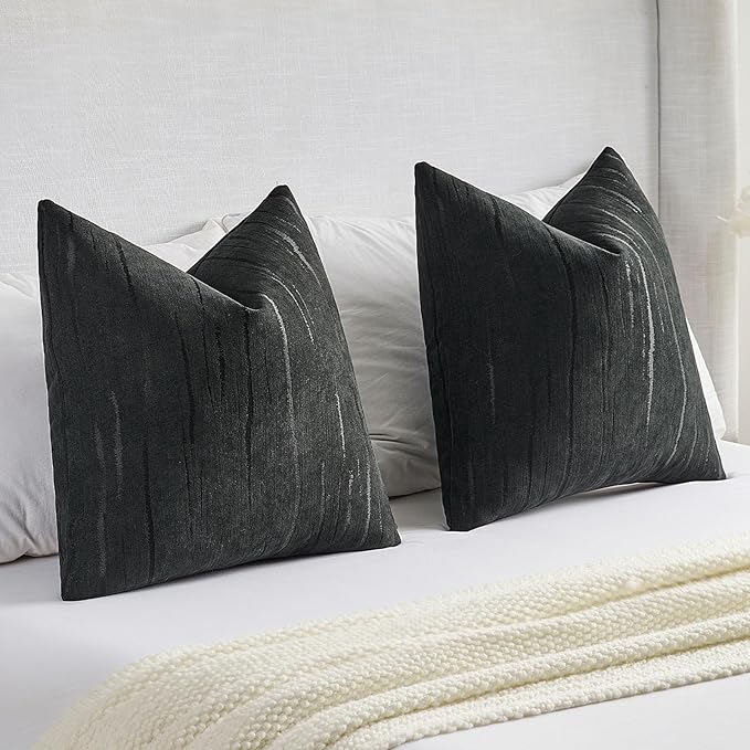 FUTEI Black Chenille Decorative Throw Pillow Covers 24x24 Inch Set of 2,Soft Embossed Striped Textured European Cushion Case,Modern Home Decor for Couch Bed Living Room