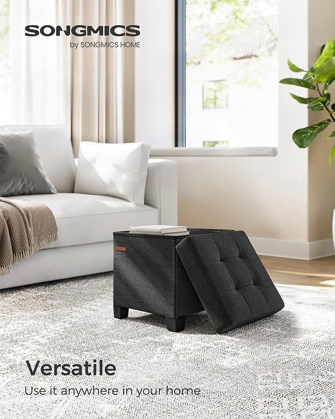 SONGMICS Storage Ottoman, Small Ottoman Foot Rest with Legs, 15 x 15 x 15.7 Inches Foot Stool, Load up to 660 lb, for Living Room, Bedroom, Dorm, Ink Black ULSF014B01