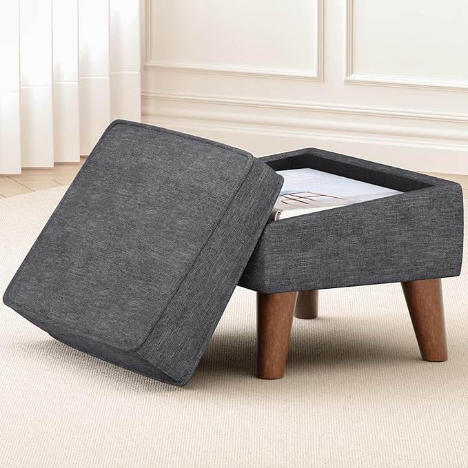 Small Footstool Ottoman with Storage, Ottoman Foot Rest, Modern Foot Stool with Adjustable Lid and Sturdy Wood Legs for Living Room, Bedroom, Couch, Enterway, Light Gray