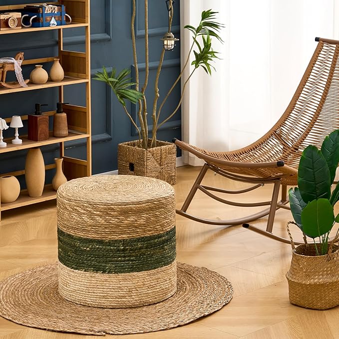 Wimarsbon 18'' Ottoman Pouf, Natural Braided Poof, Rustic Handweave Lounge Pouffe, Boho Footrest Stool for Bedroom, Accent Table for Living Room (18inch Natural Cattail + Green Corn Husk)