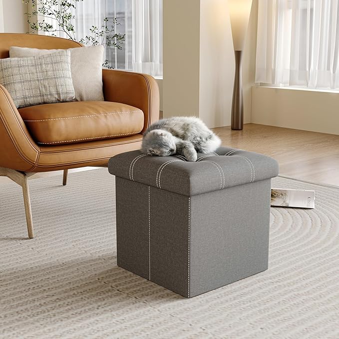 YOUDENOVA 15 inches Storage Ottoman Cube, Foldable Storage Boxes, Padded Seat for Dorm Living Room, Support 300lbs, Line Fabric Grey