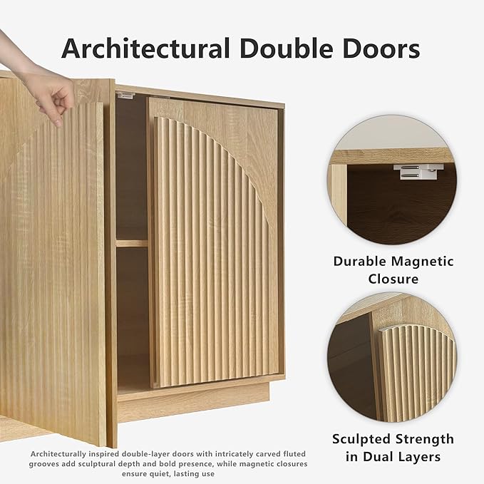 win2win Fluted Sideboard Buffet Cabinet with Storage, 31.5" Modern Boho Accent Cabinet with Double-Layered Arch Doors, Small Wood Console Credenza for Living Room, Dining Room, Entryway, Hallway, Oak