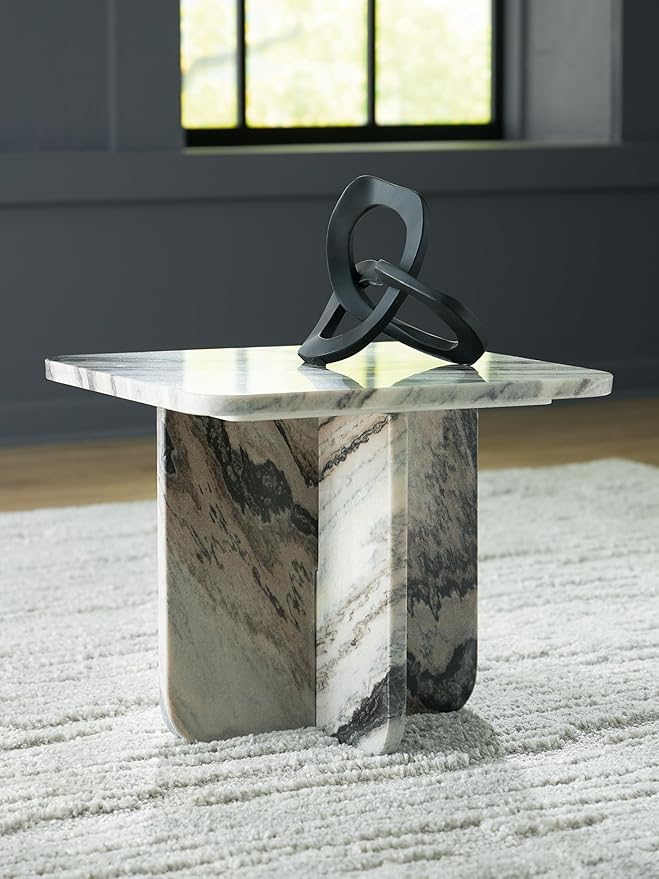 Signature Design by Ashley Baretton Contemporary Marble Accent Coffee Table with Cross Pedestal Base, Black & White