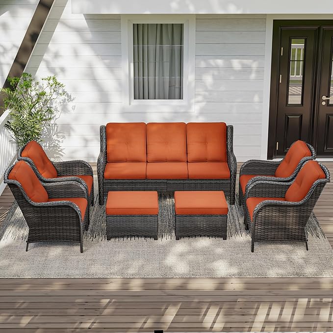 7 Pieces Outdoor Patio Conversation Set, Wicker Furniture Set Includes 3-Seat Sofa, Patio Rattan Dining Chair Set of 4, 2 Ottomans, for Porch, Yard, Mixed Brown Rattan, Orange