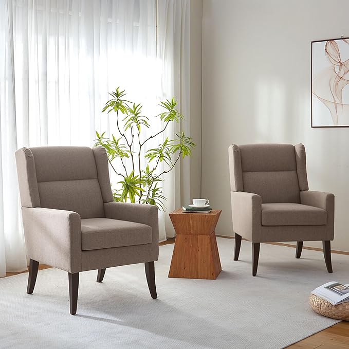 High Back Living Room Chairs, Fabric Accent Chair, Comfy Upholstered Armchair with Wooden Legs for Living Room, Bedroom, Apartment (2, Brown)