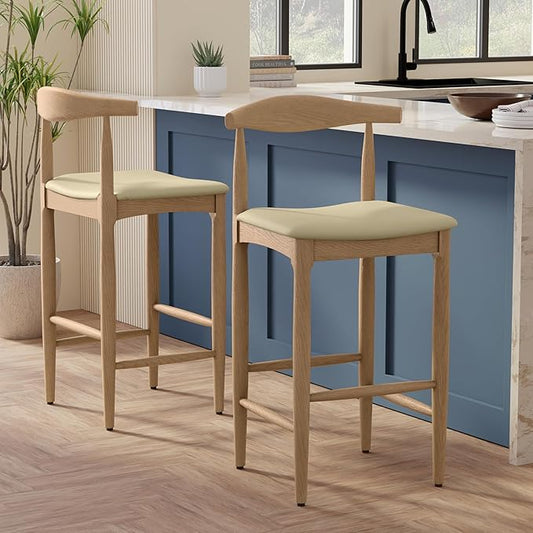 SIMPLIHOME Molly Bar Stool - 29 inch Seat Height Upholstered Wood Chair in Natural Faux Leather, Mid Century Seating for Kitchen or Bar with Contoured Back and Footrest, Fully Assembled