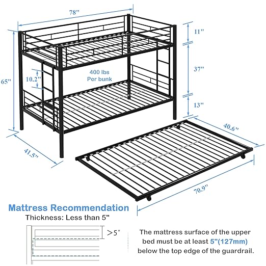 VECELO Twin Over Twin Bunk Bed with Trundle, Metal Bunkbeds with Ladder and Full-Length Guardrail, Noise Free, No Box Spring Needed, Black
