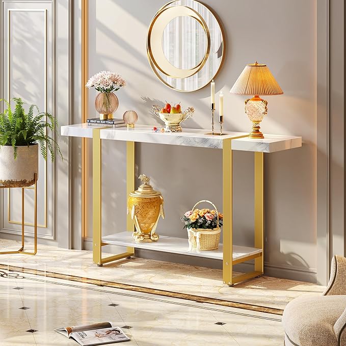 Huuger 47.2 Inch Entryway Table with Marble Top, 2-Tier Modern Console Sofa Table with Storage, Accent Table, for Entry, Hallway, Entrance, Foyer, T-Shaped Metal Frame, White Marble & Gold